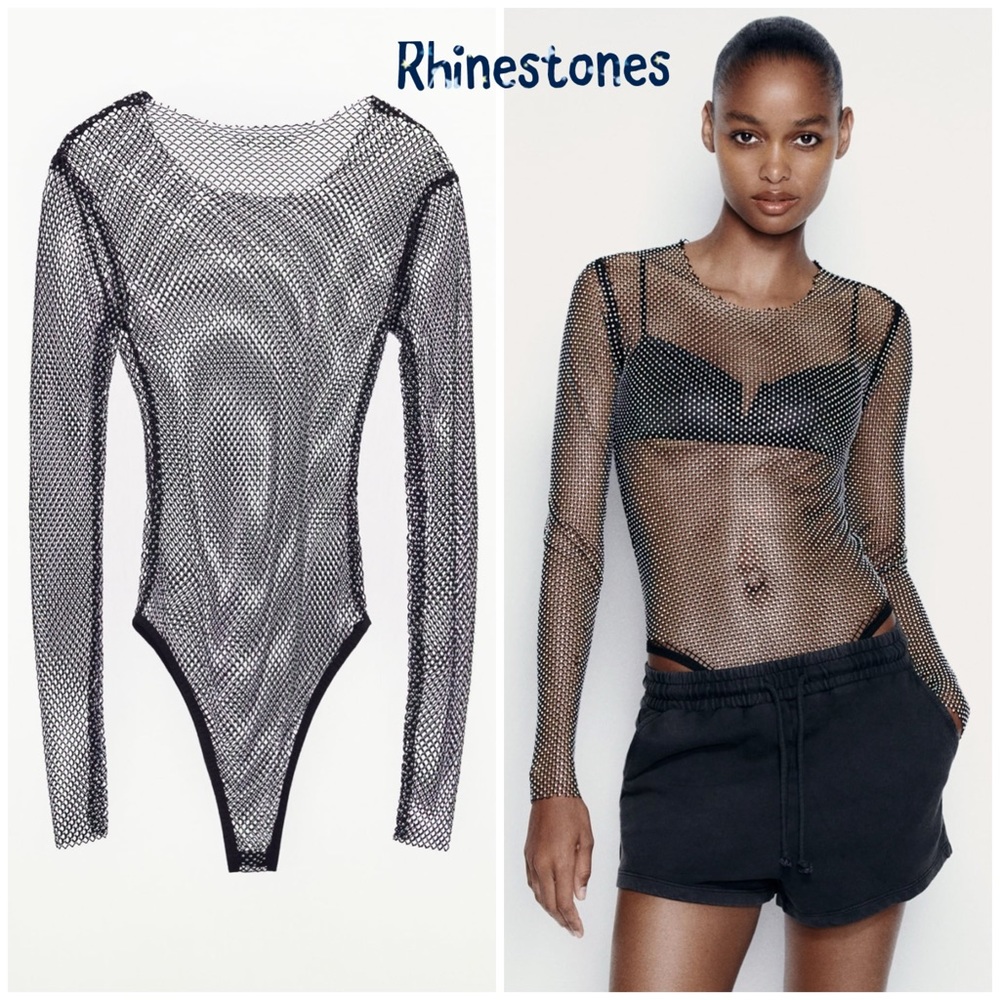 Zara rhinestones mesh bodysuit,